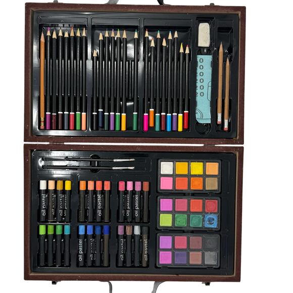 Drawing Art Set Kit Color Pencils Oil Pastels in Wooden Case Sketch Draw - Picture 1 of 4